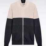 Cardigan zippé en coton bicolore beige et gris coupe droite
