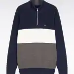 Pull col camionneur en coton marron et marine à effet de rayure